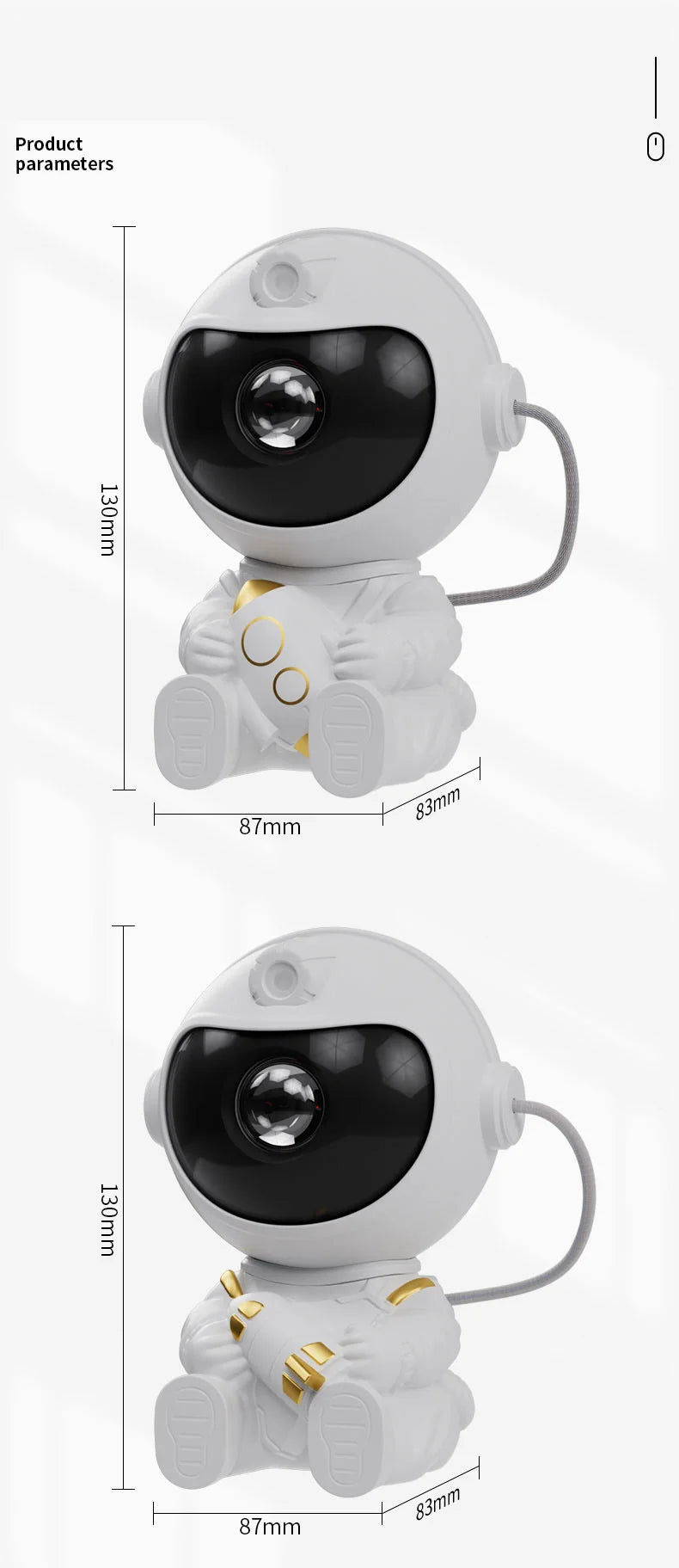 A white astronaut night light projector with a black visor and gold accents, shown from the front.