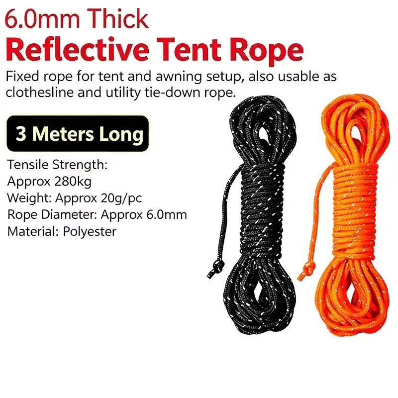 Black and orange reflective tent rope, 6.0mm thick, used for tent setup or clothesline.