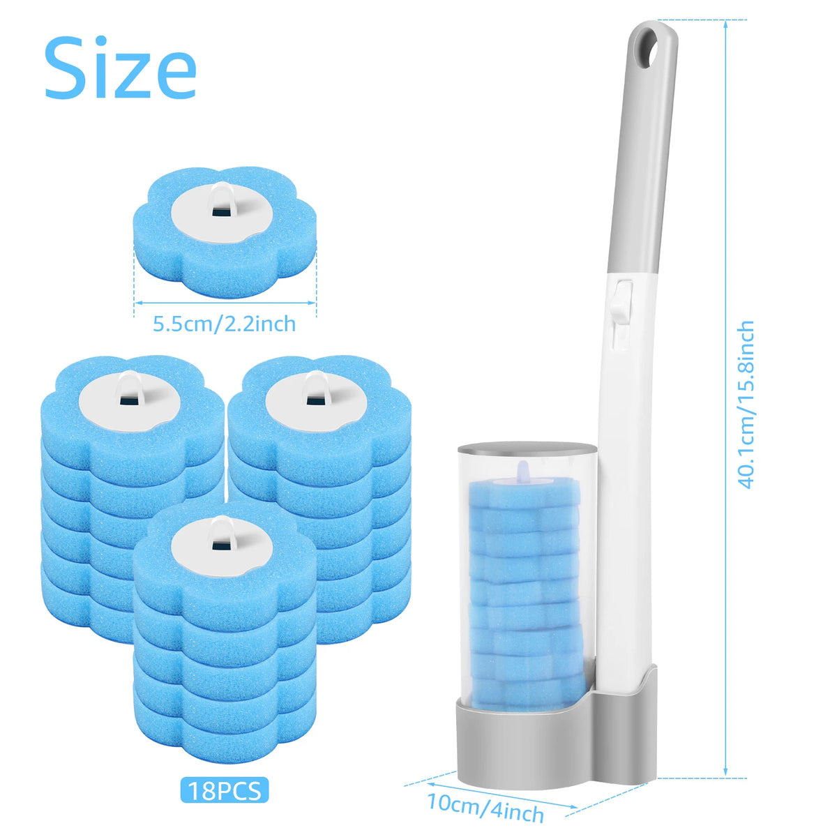 Kit de limpieza para inodoro reutilizable con varias cerdas de silicona azules y un mango largo.