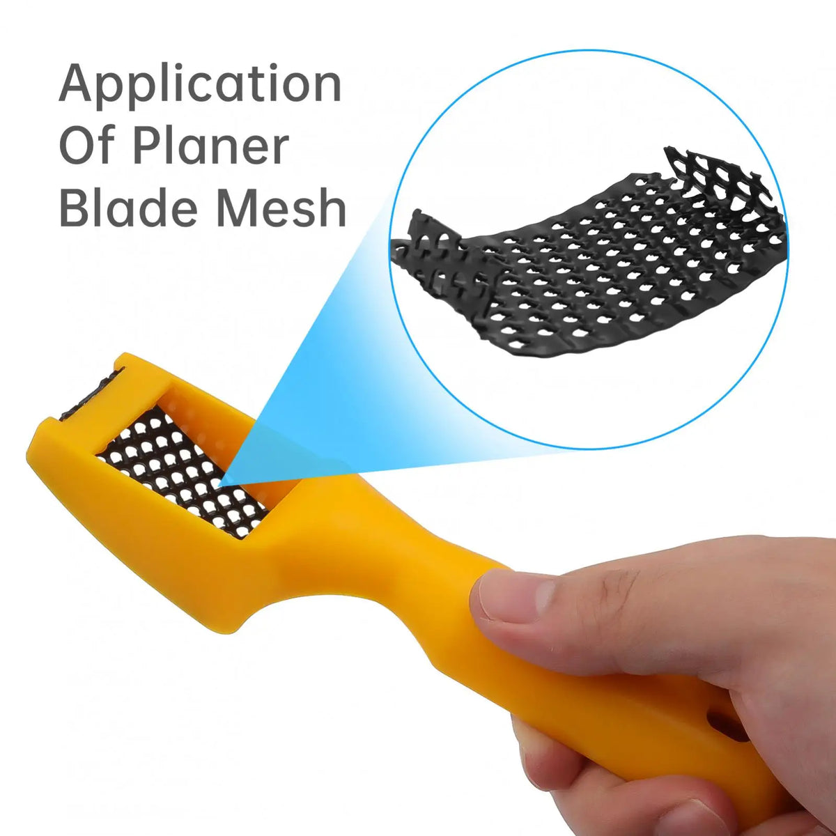 A hand holds a yellow precision flat shaver with a blade mesh being applied to the shaving head.