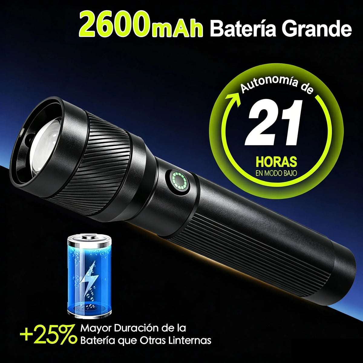 A black LED flashlight with a 2600mAh battery, showing its power and 21 hours of low-mode autonomy.