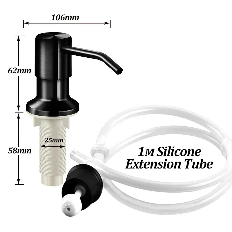 A black stainless steel soap dispenser with a 1M silicone extension tube and a nozzle.