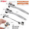 A set of Hi-Spec 1/4 inch precision mini ratchet wrenches and a quick release button tool shown with dimension lines.