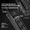 A close-up view of a black 78 in 1 rotating magnetic absorption storage bin electric screwdriver kit showing various bits and