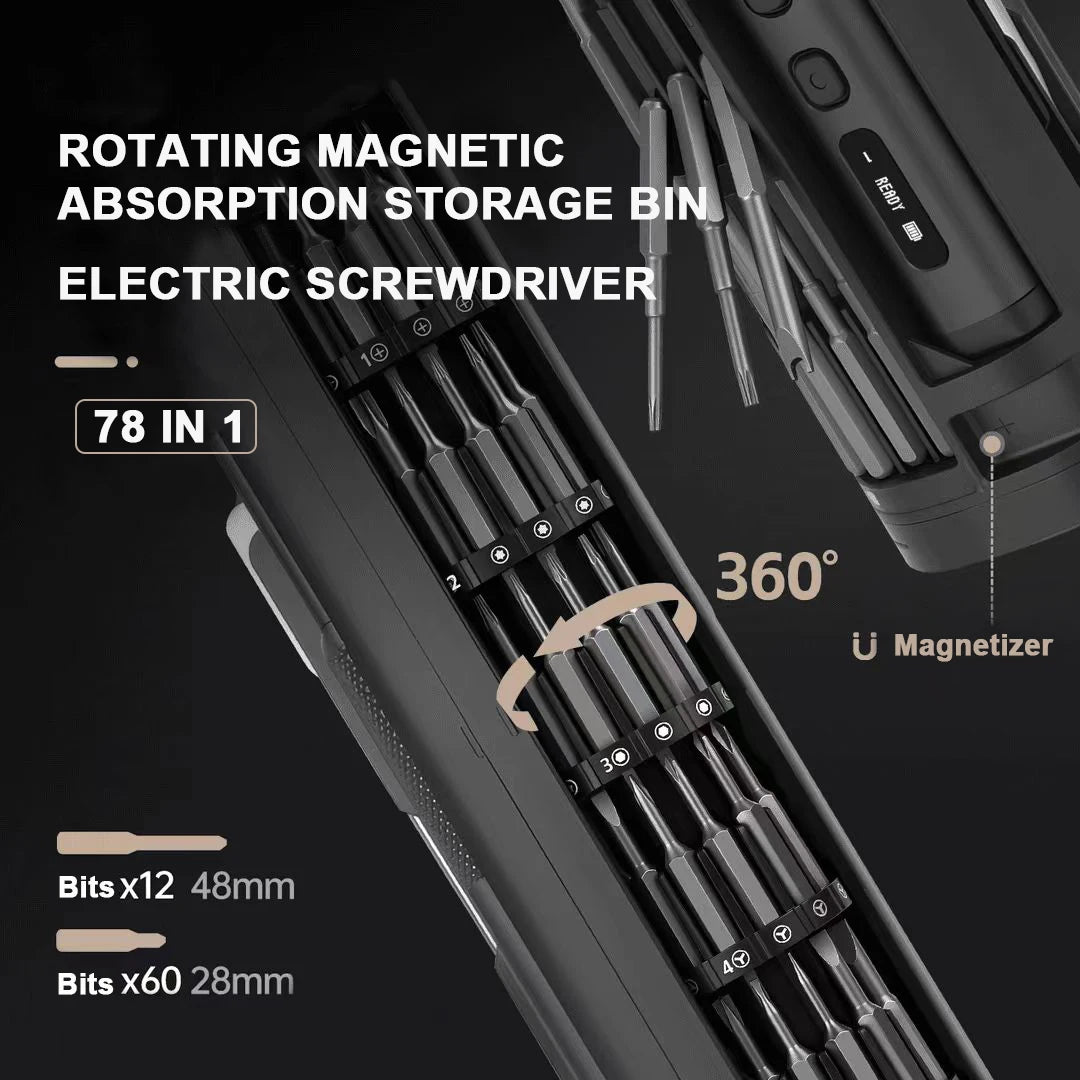 A close-up view of a black 78 in 1 rotating magnetic absorption storage bin electric screwdriver kit showing various bits and