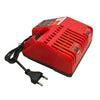 A red battery charger for Milwaukee 14.4V tools with a black cable.