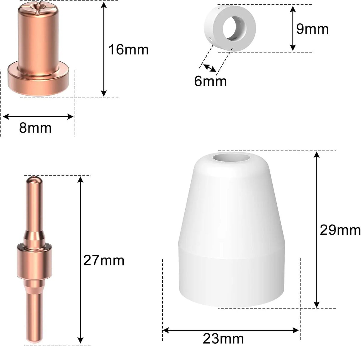 A set of plasma cutter consumables including a cylindrical tip and a white ceramic-like component.