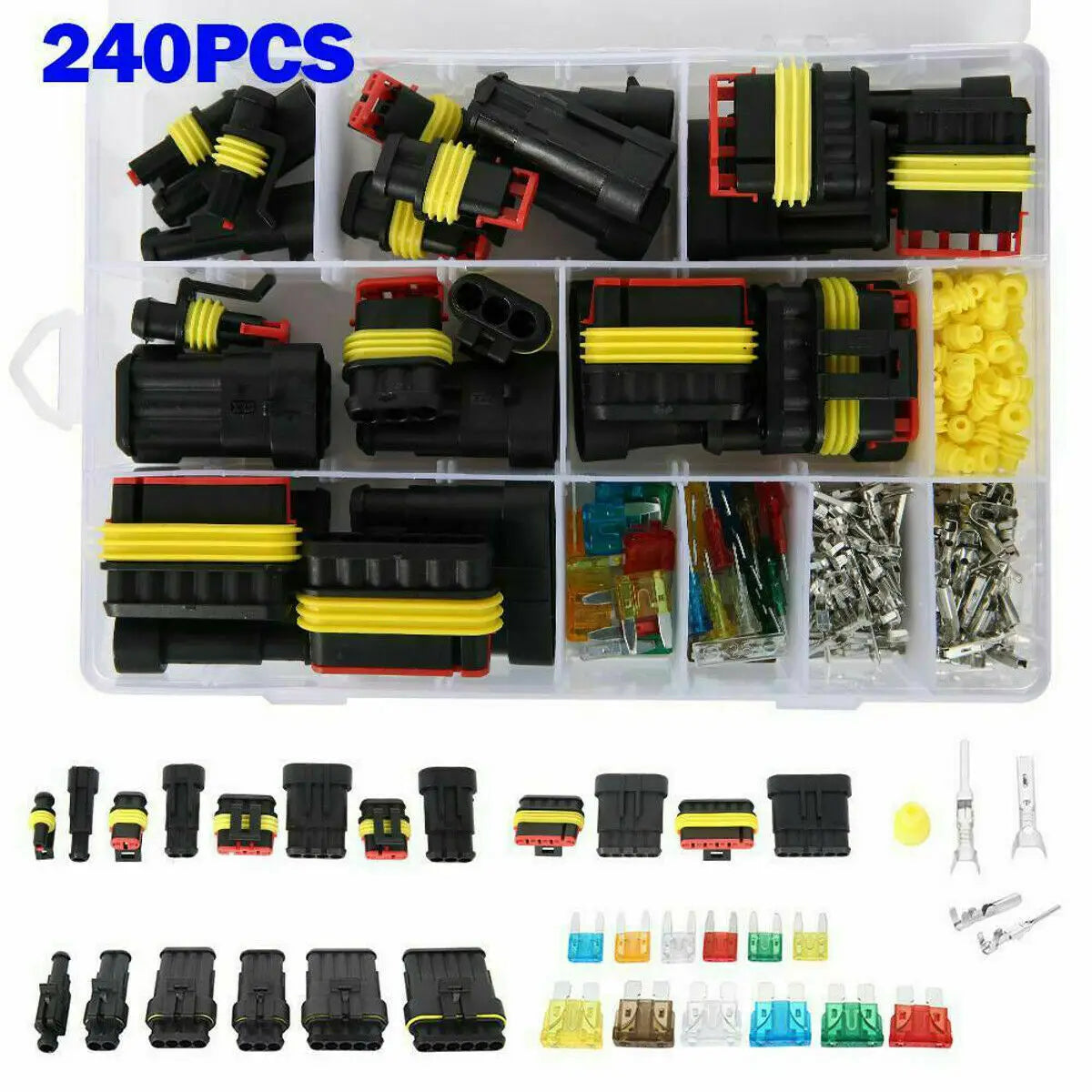 A plastic kit containing 240 electrical connectors for vehicles and boats in various colors and sizes.