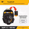 A black Toughbuilt tool belt pouch with an orange accent, showing stitching and drill slots.