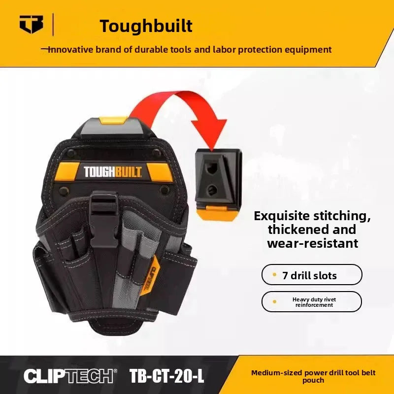 A black Toughbuilt tool belt pouch with an orange accent, showing stitching and drill slots.