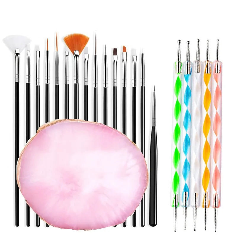 A set of professional nail art brushes including various sizes and shapes for acrylic and gel applications.