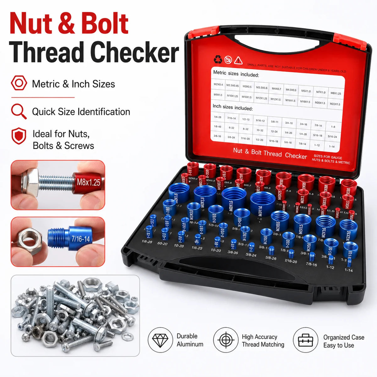 A black thread checker kit with various metric and inch sized bits for checking nuts, bolts, and screws.