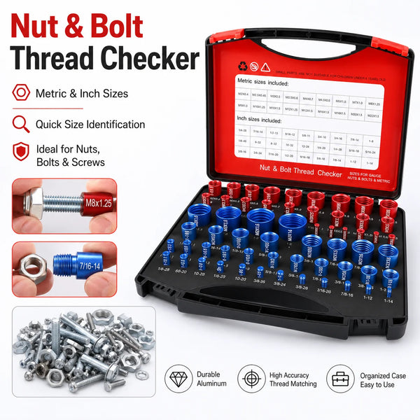 A black thread checker kit with various metric and inch sized bits for checking nuts, bolts, and screws.