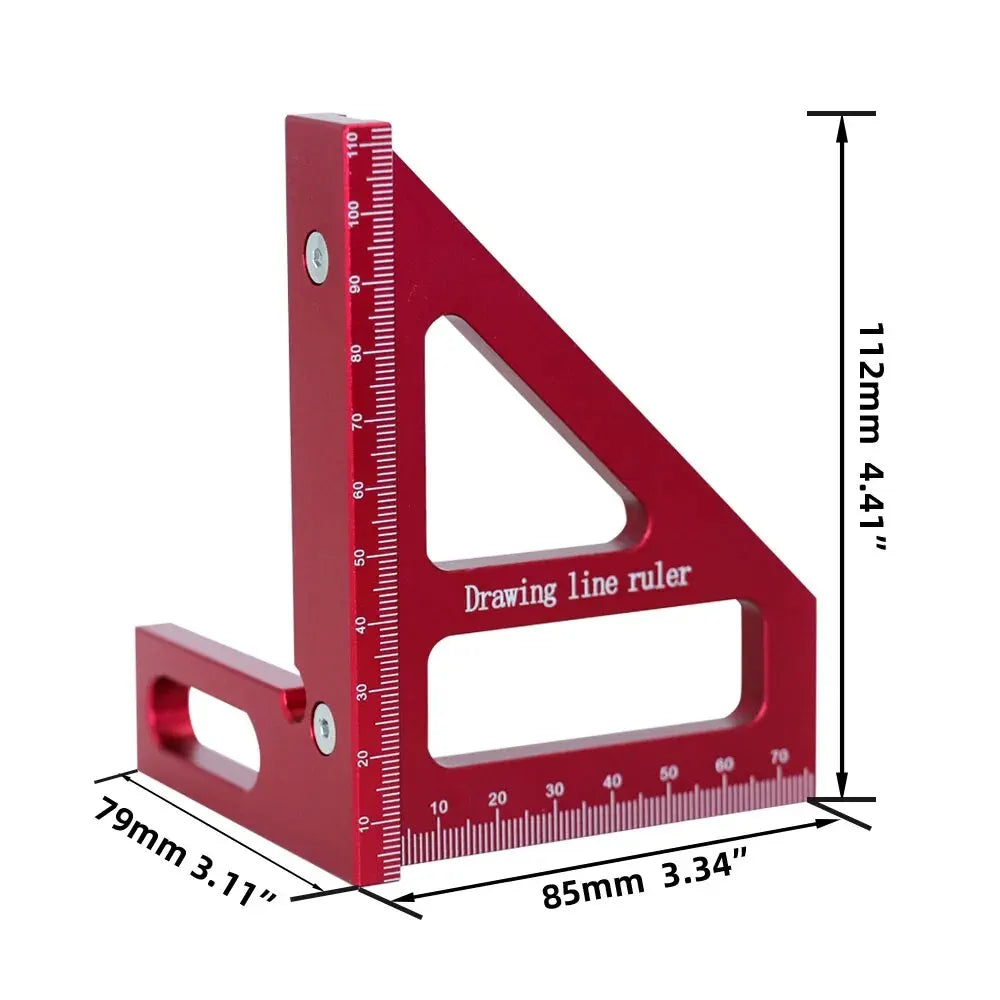 A red precision woodworking square and protractor ruler showing its dimensions and angle.