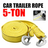 Yellow 5-ton car trailer rope coiled and displayed with a metal hook.