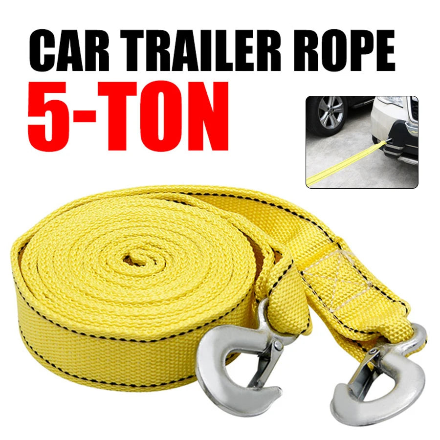 Yellow 5-ton car trailer rope coiled and displayed with a metal hook.