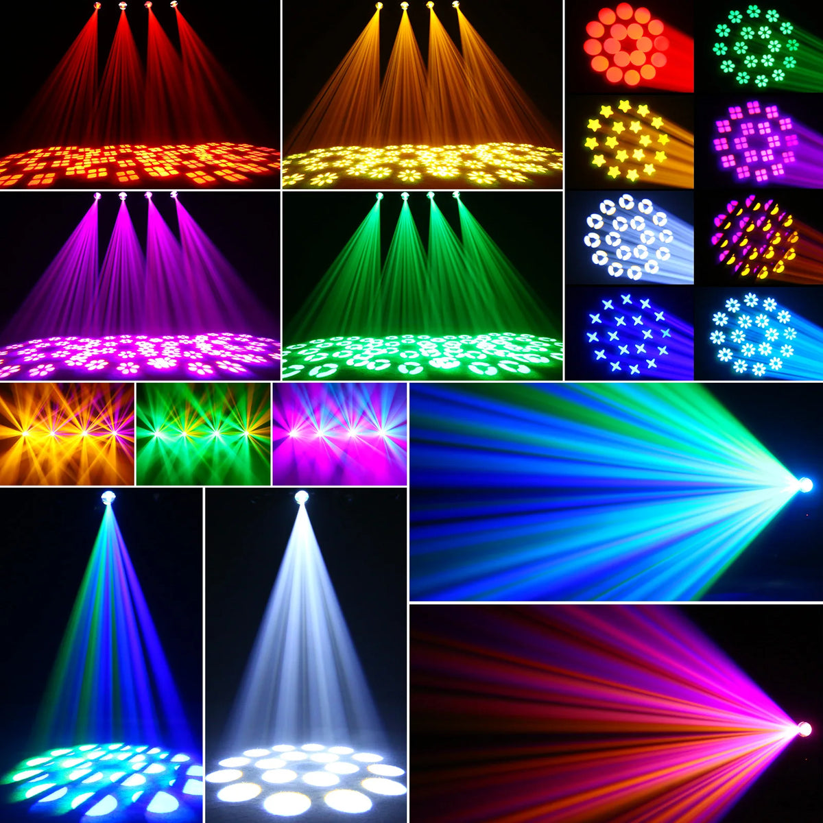 A collection of professional DMX moving head lights demonstrating various beam patterns and colors for stage and DJ use.