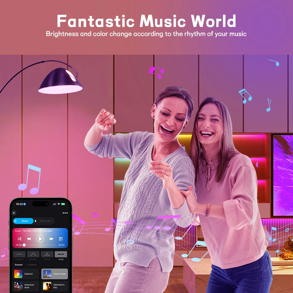 Two women are enjoying music with a bright purple and pink light show created by smart LED bulbs.