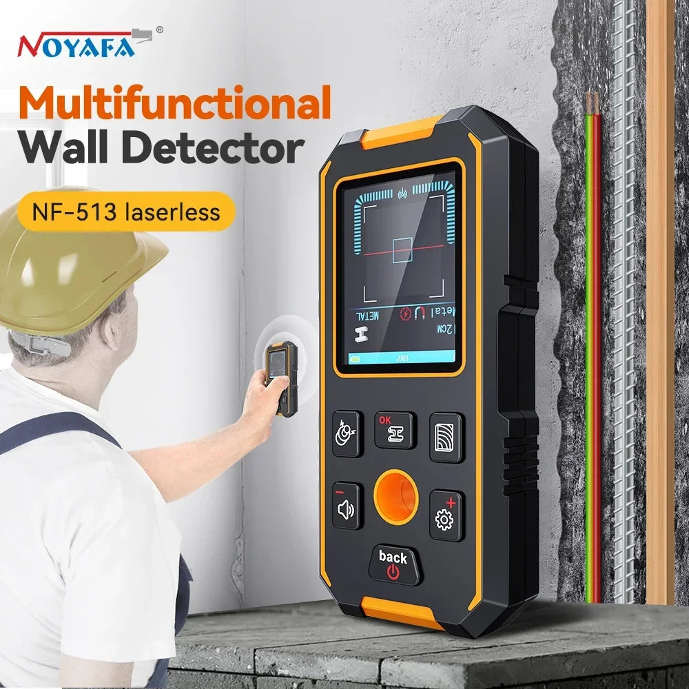 A handheld multifunctional wall detector device is shown being used to scan a wall surface.