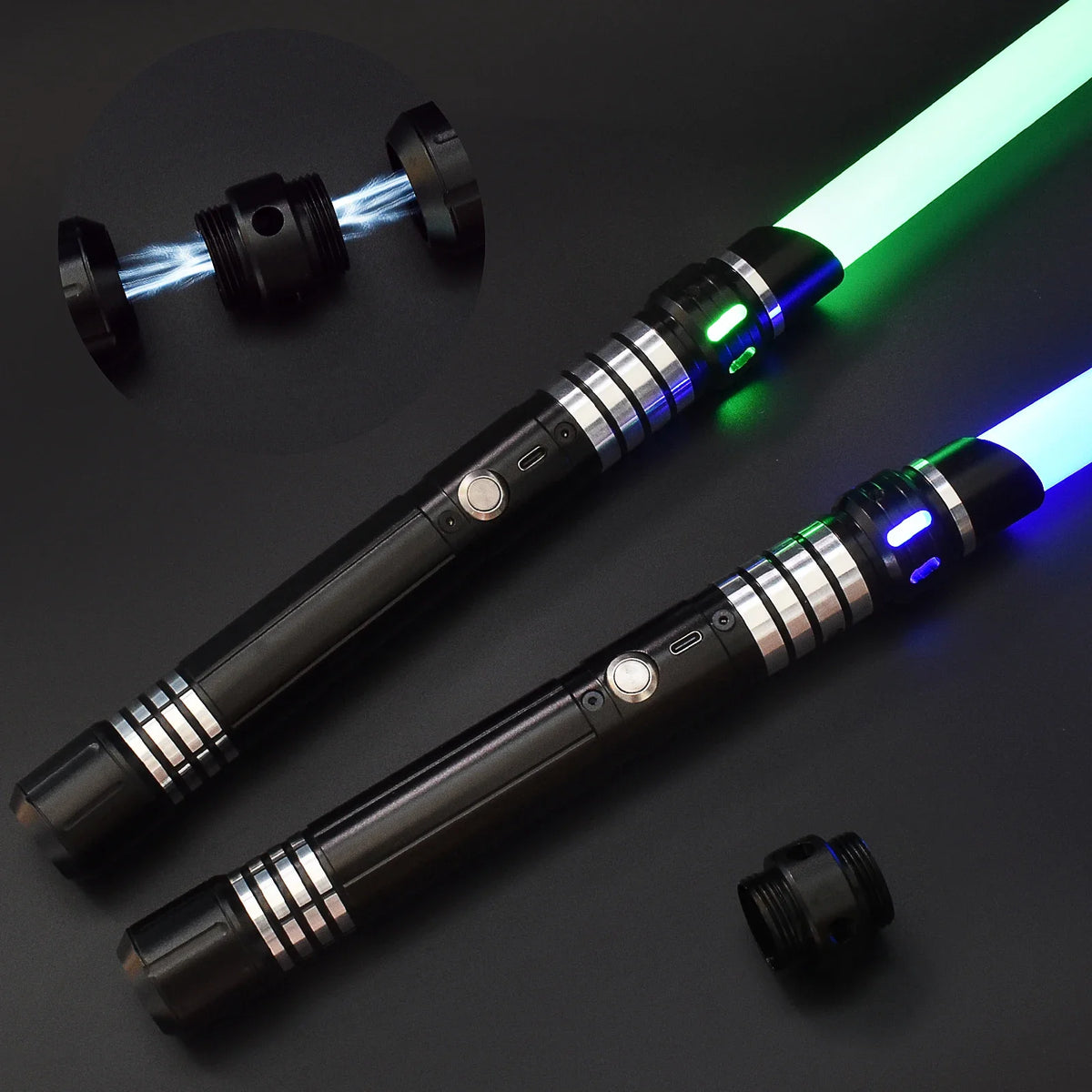 A black lightsaber with a glowing green blade and blue accents is shown against a dark background.