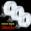 Tres rollos de cinta adhesiva nano transparente mostrados contra un fondo negro.