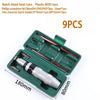 A green box containing nine precision impact screwdriver bits and a plastic box with various Philips screwdrivers.