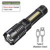 A black tactical LED flashlight with a yellow light, featuring a built-in battery and a Type-C cable.