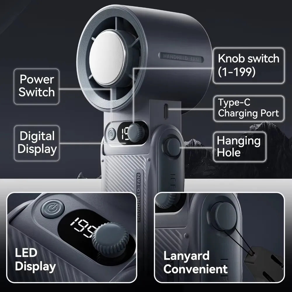 A portable handheld turbo fan with a digital display showing 199, featuring a knob switch, Type-C charging port, and a hangin