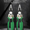 A pair of black and green voltage testers and electrician pliers are displayed against a dark background.