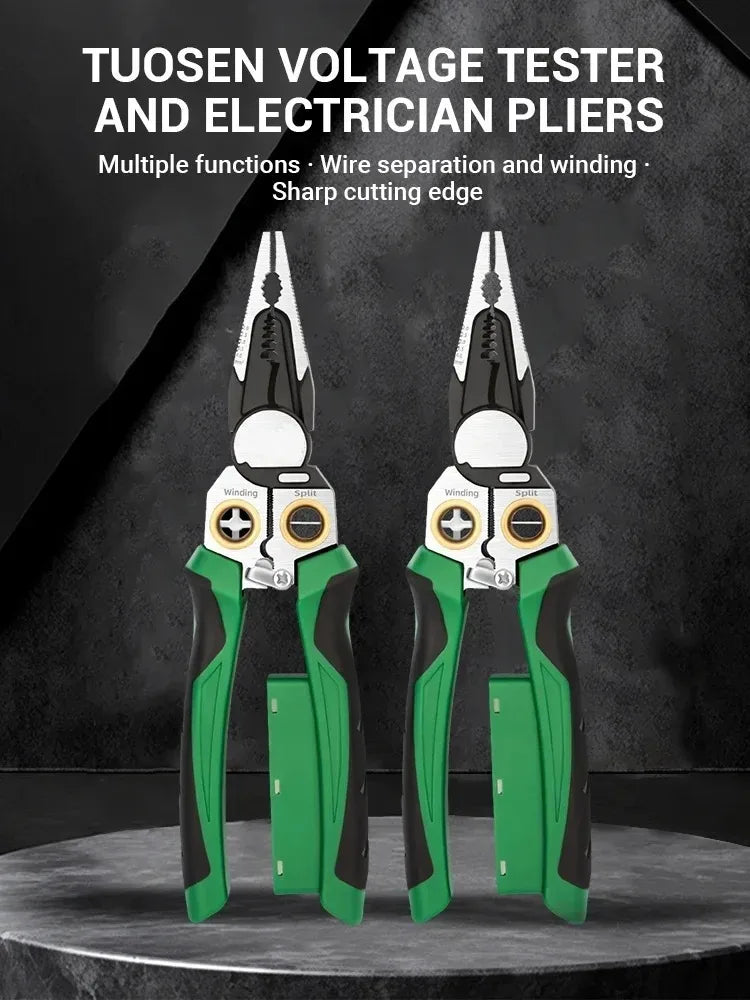 A pair of black and green voltage testers and electrician pliers are displayed against a dark background.