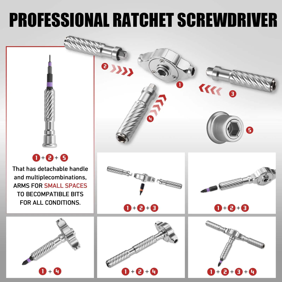 A professional ratchet screwdriver set showing various tools including a driver, ratchet, and interchangeable bits.