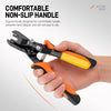 A hand is holding an orange and black non-slip handle of a pneumatic disconnect tool.