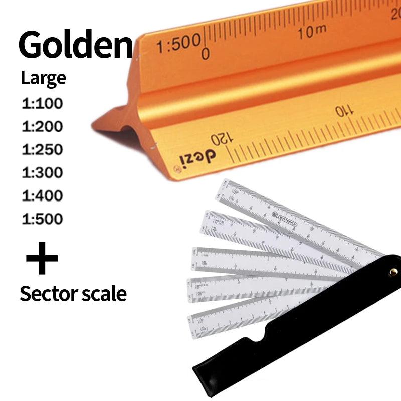 Golden large precision triangular scale ruler with a sector scale and a black measuring tool.