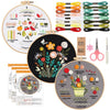Beginner embroidery kit featuring various stitches including outline, back, leaf, and running stitches on fabric.