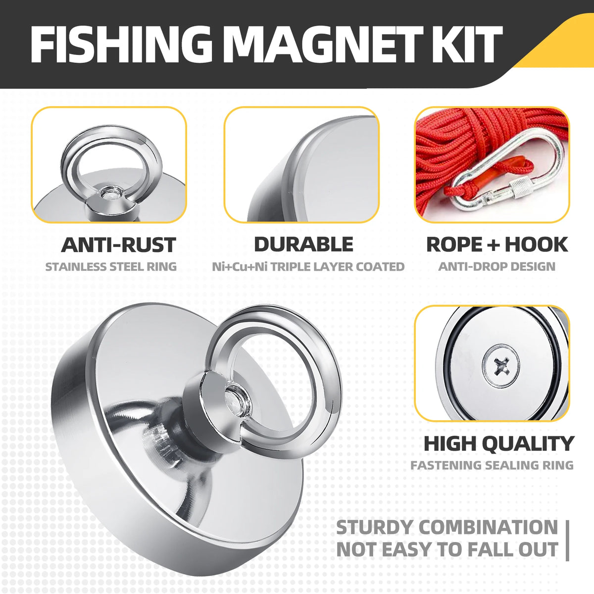A fishing magnet kit showing a stainless steel ring, durable coating, rope and hook, and a high quality fastening sealing rin