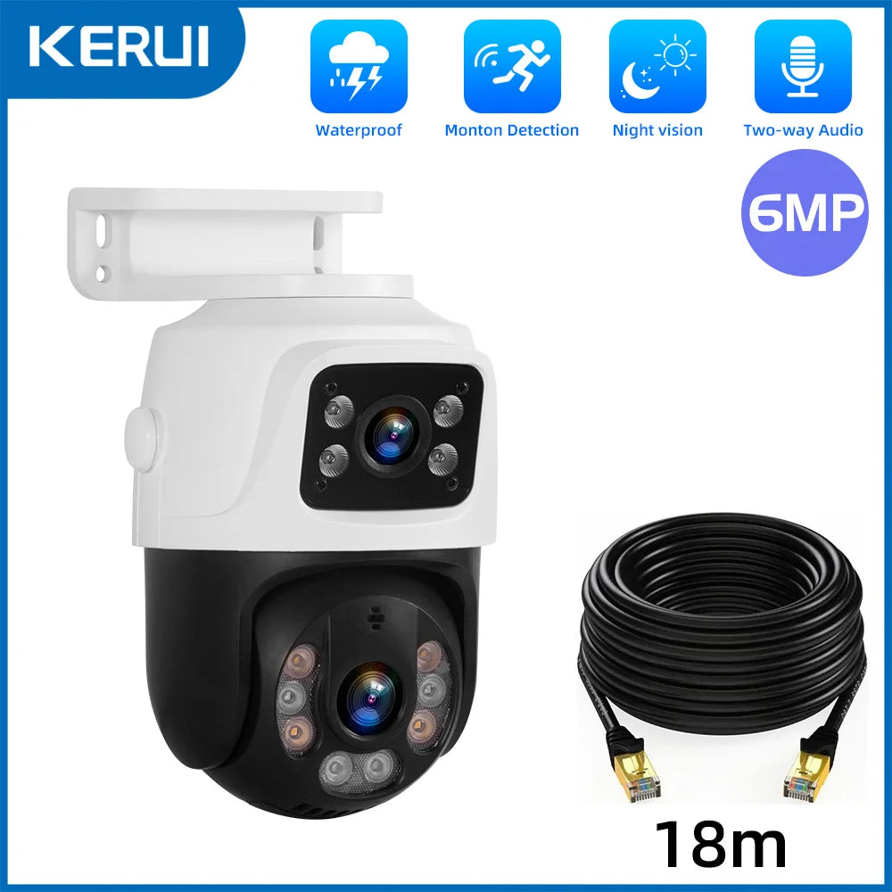Weiße 6MP Dual-Linsen PTZ IP-Sicherheitskamera mit schwarzem Gehäuse und 18m Kabel.