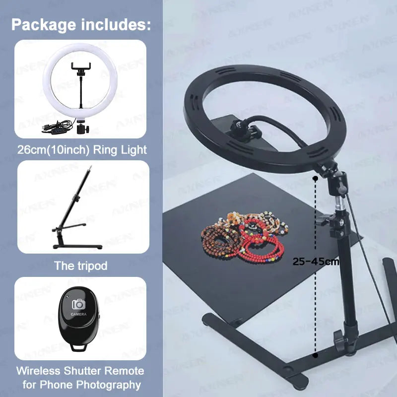 Schwarze, faltbare Ringlicht-Stativ-Lampe mit drahtloser Fernbedienung und Zubehör für Smartphone-Fotografie.