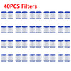 40 pieces of white rotating water filters for faucets arranged in rows.