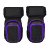 Un paire de genouillères noires avec accents violets, conçues pour un amorti en gel robuste et la protection.