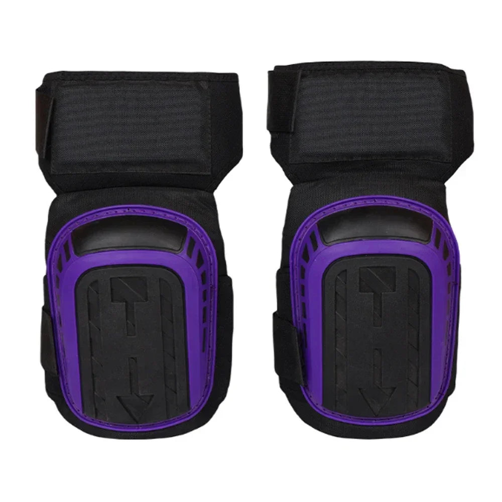 Un paire de genouillères noires avec accents violets, conçues pour un amorti en gel robuste et la protection.