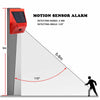 Red motion sensor alarm device mounted on a wall, demonstrating its 5-8m detection range and 110 degree angle.