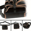 A black and brown multifunctional tool storage belt bag shown in three views.