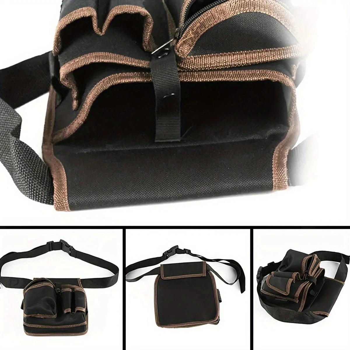 A black and brown multifunctional tool storage belt bag shown in three views.