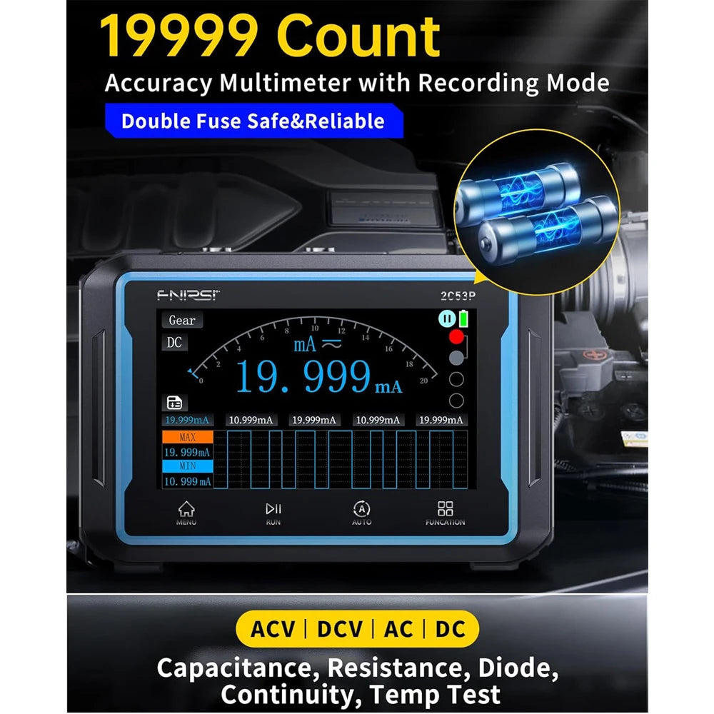 A digital multimeter with a large display showing 19.999 mA, used for measuring capacitance, resistance, diode, continuity, a