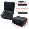 Internal view of a waterproof hard carry case showing dimensions and storage capacity.