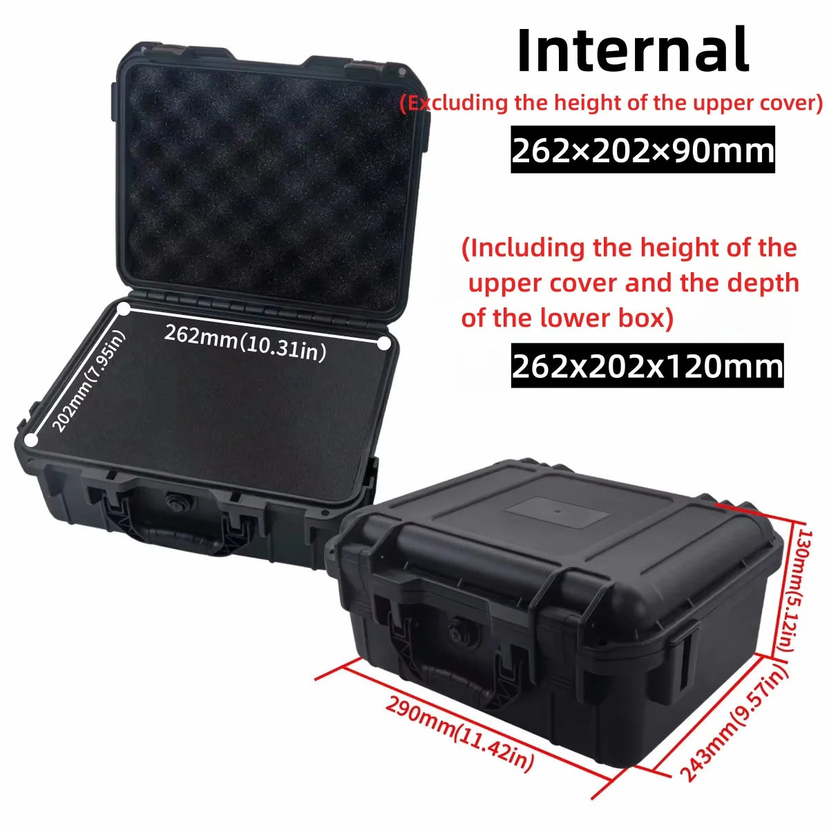 Internal view of a waterproof hard carry case showing dimensions and storage capacity.