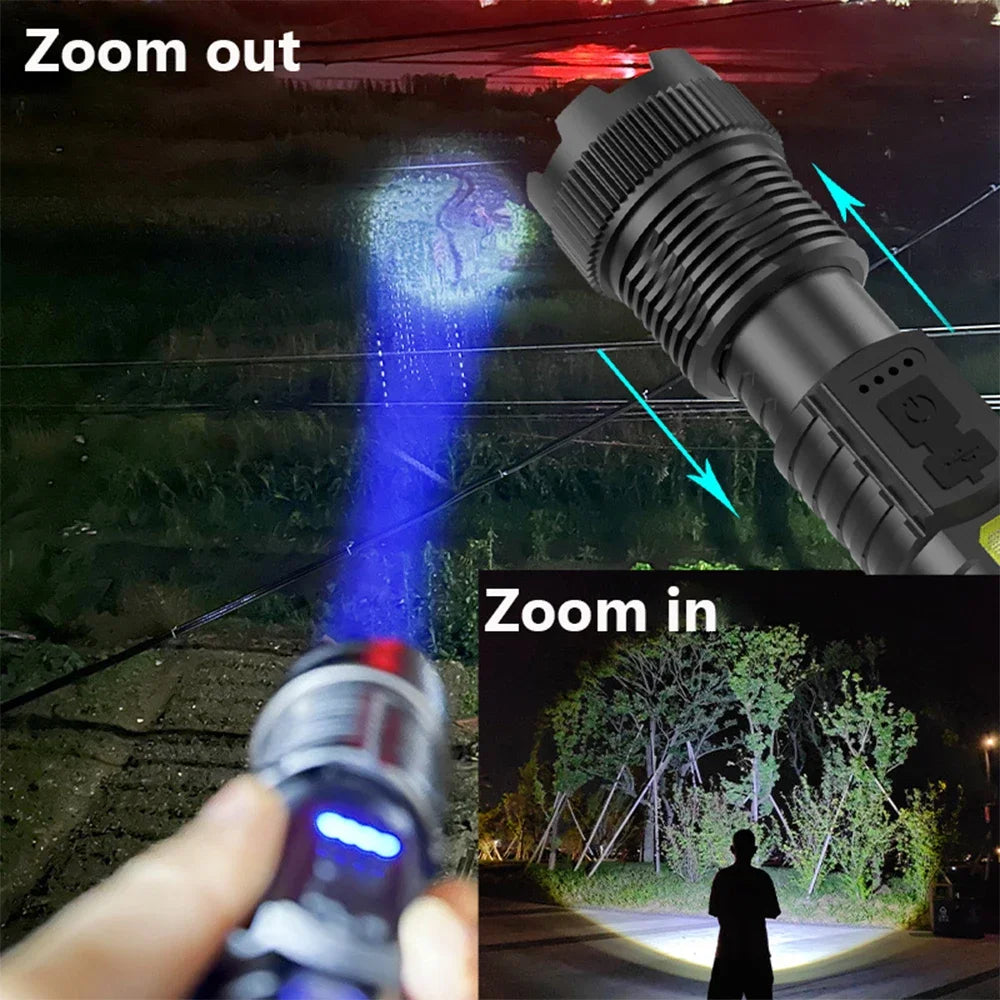 A high-power tactical LED flashlight is shown with zoom out and zoom in views, illuminating a dark outdoor scene.