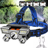 Schwarzes LED-Stirnlampe mit mehreren Lichtkonfigurationen und blauer Gurt, vor einer natürlichen Außenkulisse.