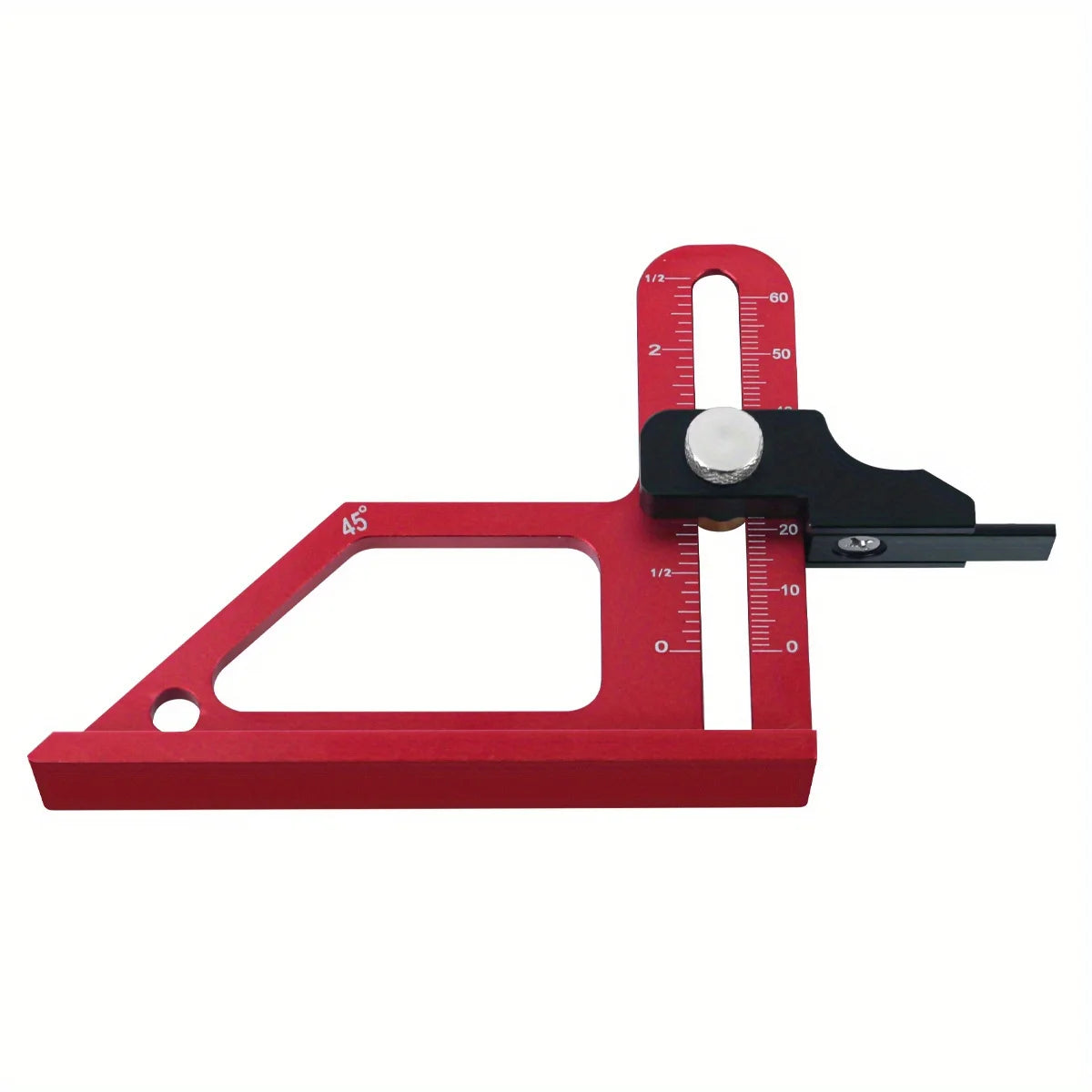 A red precision depth gauge with a graduated scale and a black clamp mechanism.
