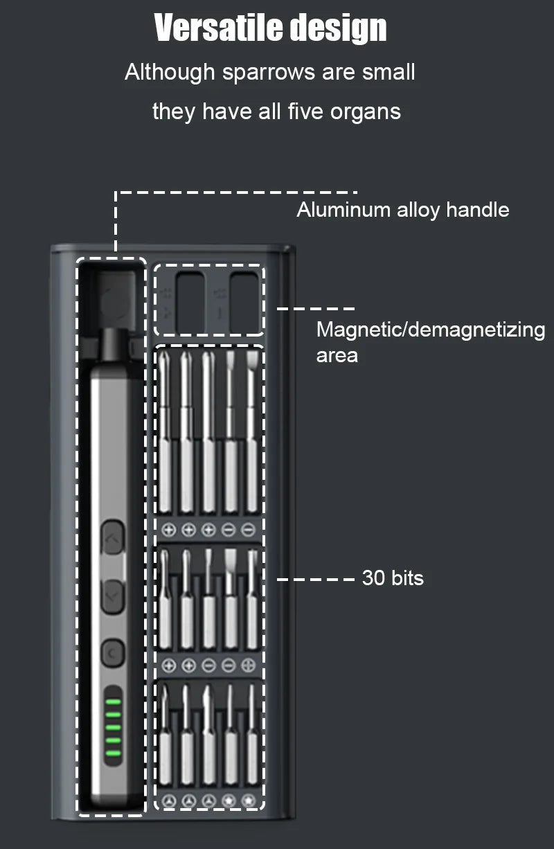 Vue verticale d'un kit de réparation de tournevis électrique magnétique multifonction avec manche en alliage d'aluminium et p